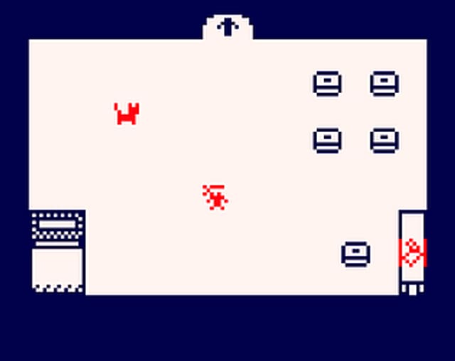 Soupman: a pale room with small sprites in Bitsy's two-colour style, a red crab-like enemy and furniture along the walls.