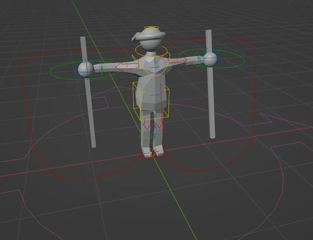 Low-poly character model rigged in Blender, holding two hiking poles in a T-pose