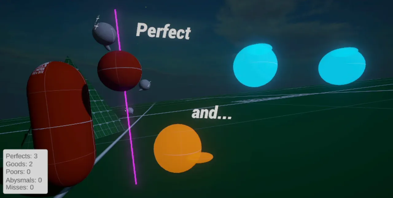 Project Mountaintop in play: glowing hit targets with Z and X key prompts, a 1x multiplier and a Perfect rating