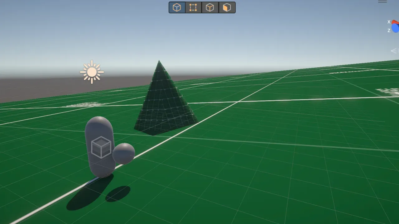 Early Unity prototype with a capsule character and placeholder objects on a green plane