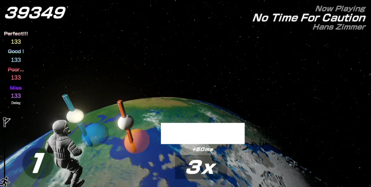 Project Mountaintop gameplay on a space theme: an astronaut running over Earth with score, hit tallies and a combo counter